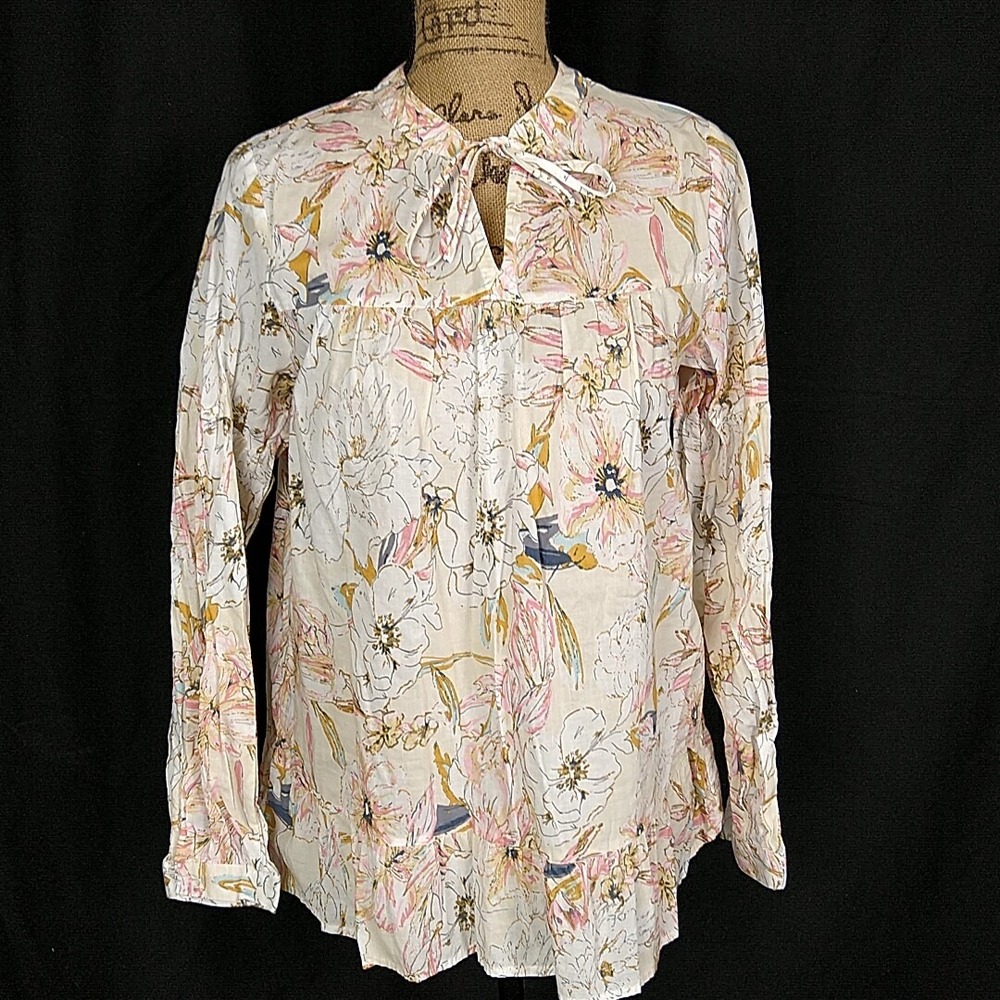Falls Creek Blouse Women Large White Pink Floral Tie Neck Ruffle Hem Boho Top